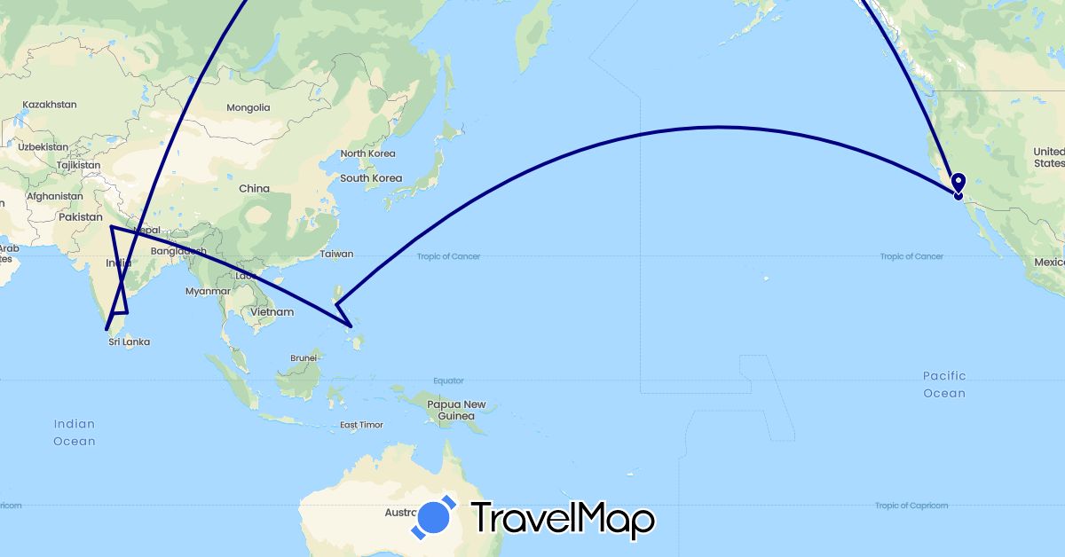 TravelMap itinerary: driving in India, Philippines, United States (Asia, North America)